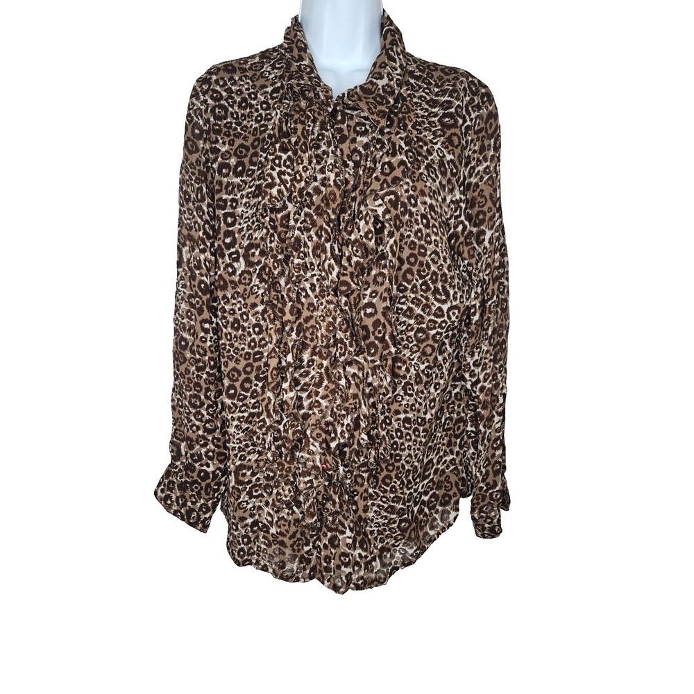 Avenue Leopard Ruffle Blouse 14/16 Sheer Animal Print Plus Size Top Mob Wife